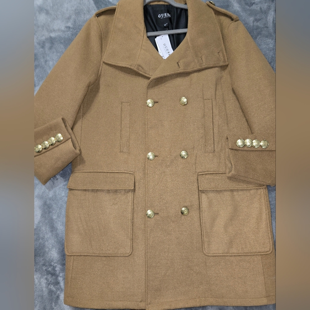 Guess Men Solid Long Sleeve Trench Coat, Brown, Size L.